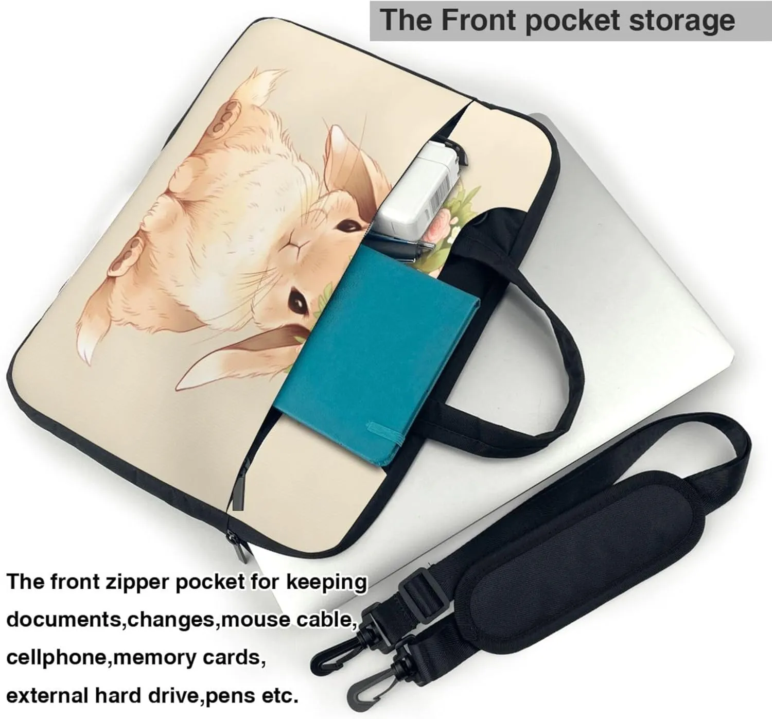 Spring Rabbit Flower Laptop Shoulder Bag for Women, Animal Painted Laptop Sleeve Case Durable Computer Bag
