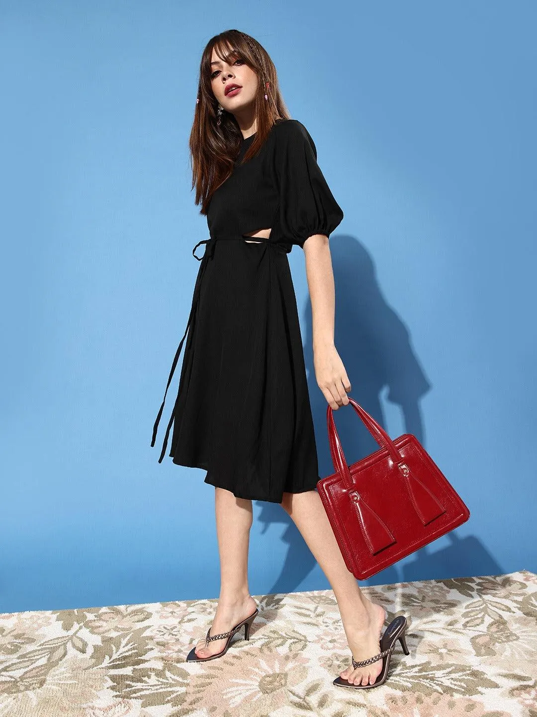 Style Quotient Women  Black Waist Cutout Crepe Dress