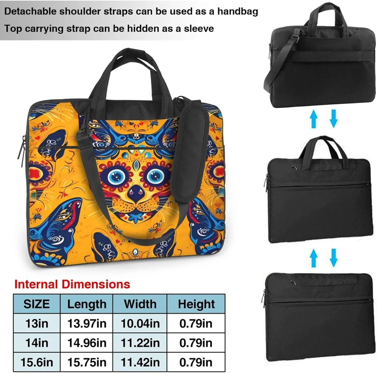 Sugar Cat Skull Laptop Shoulder Bag for Women, Colorful Skull Laptop Sleeve Case Durable Computer Bag
