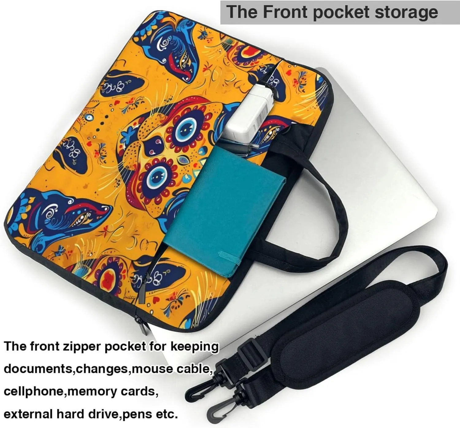 Sugar Cat Skull Laptop Shoulder Bag for Women, Colorful Skull Laptop Sleeve Case Durable Computer Bag