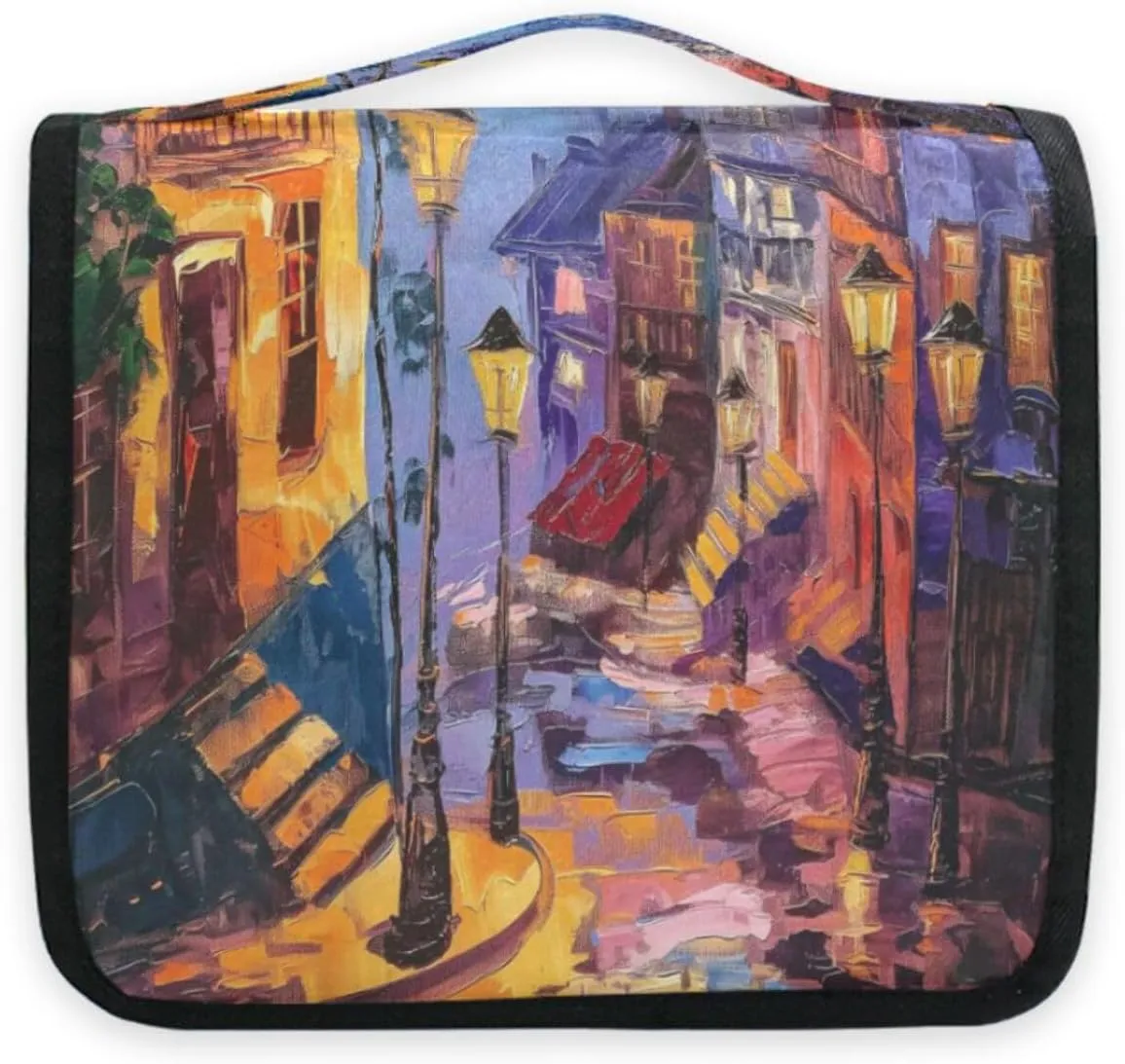 susiyo Cartoon City Oil Painting Travel Toiletry Bag for women, Portable Hanging Organizer for Full-Sized Shampoo, Conditioner, Brushes Set, Travel-Size