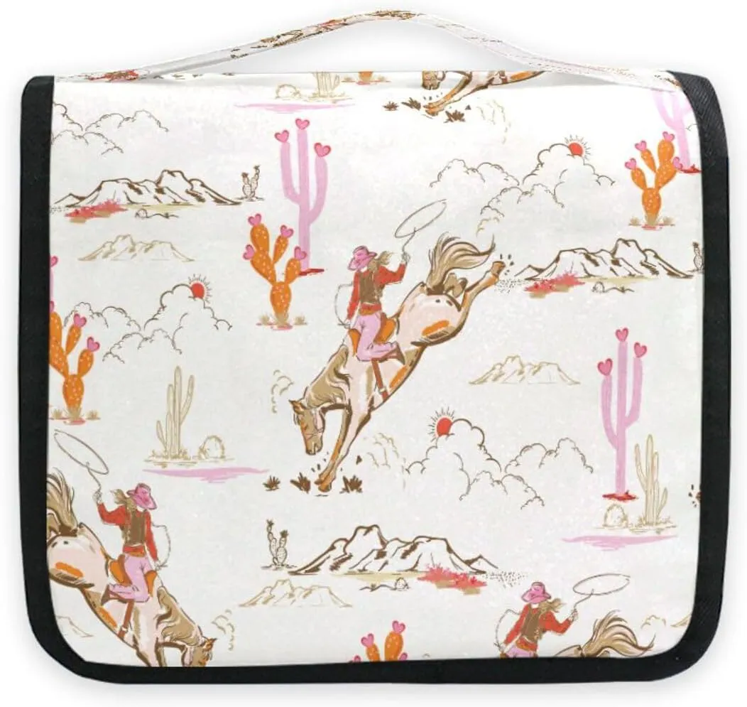 susiyo Cute Rodeo Cowgirl Travel Toiletry Bag for women, Portable Hanging Organizer for Full-Sized Shampoo, Conditioner, Brushes Set, Travel-Size Accessories,Makeup Cosmetic Bag