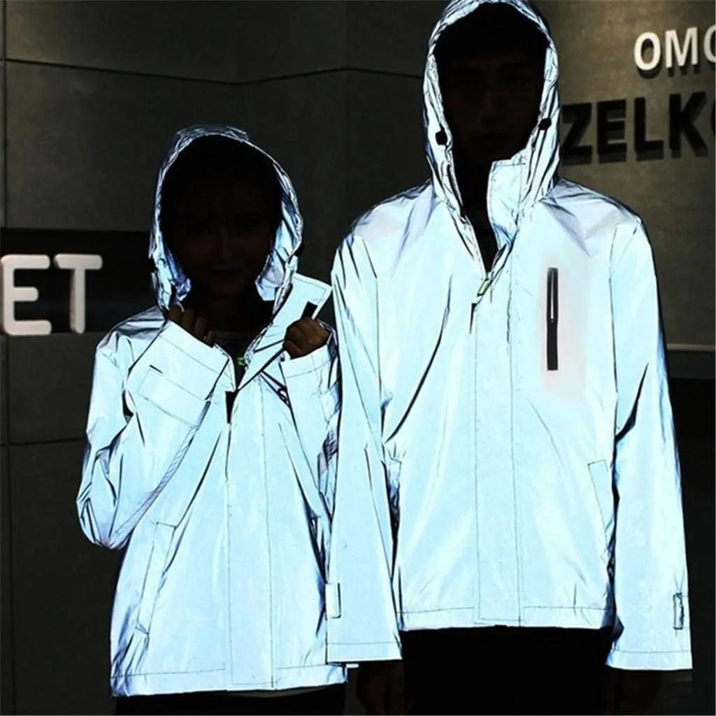 Unisex Hooded Windbreaker Coat Fashion Reflective Jacket Full Zip Waterproof Hiking Athletic Jackets Coats