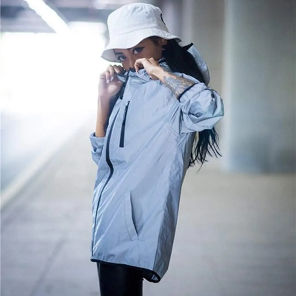 Unisex Hooded Windbreaker Coat Fashion Reflective Jacket Full Zip Waterproof Hiking Athletic Jackets Coats