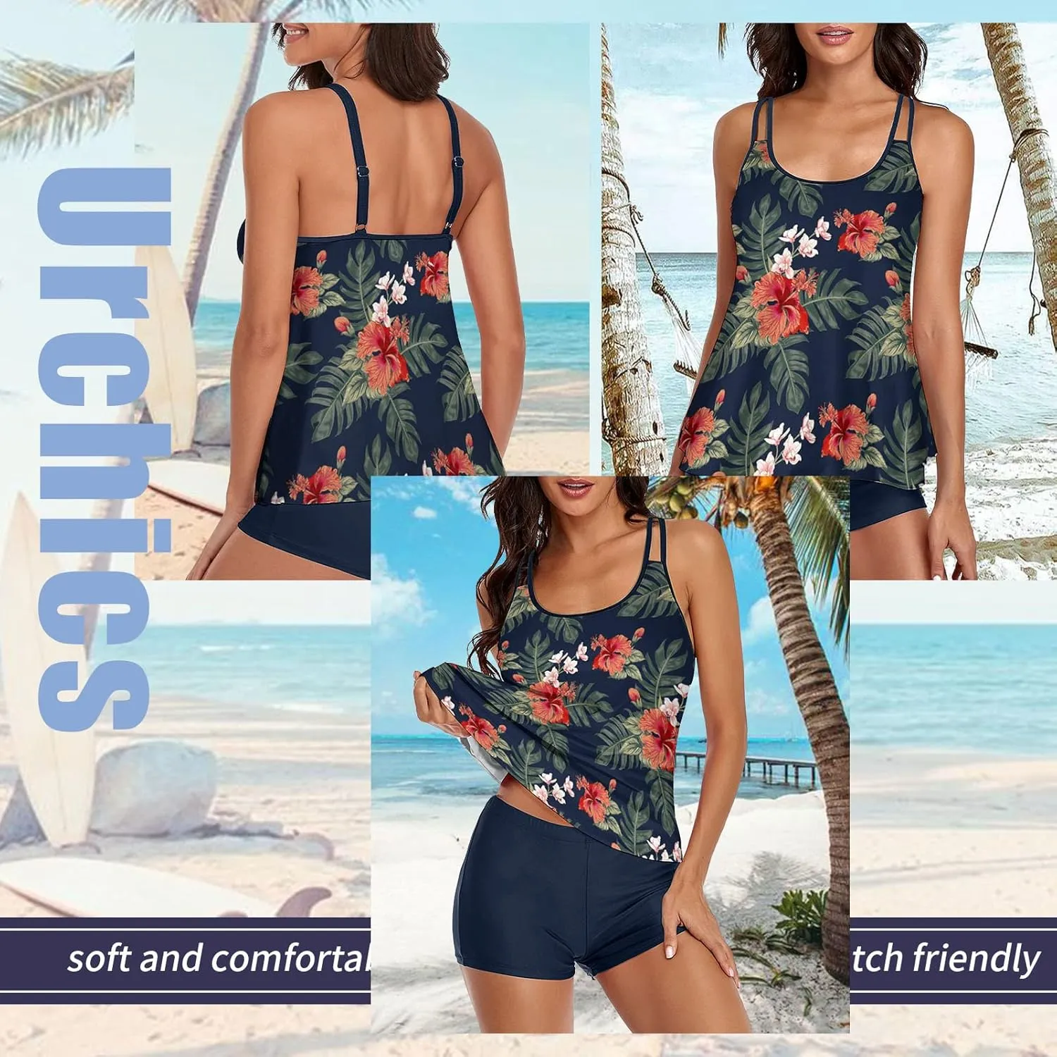 Urchics Womens 2025 Tankini Swimsuits Tummy Control Flowy Swimwear Two Piece Bathing Suits Swim Tank Top with Boyshorts