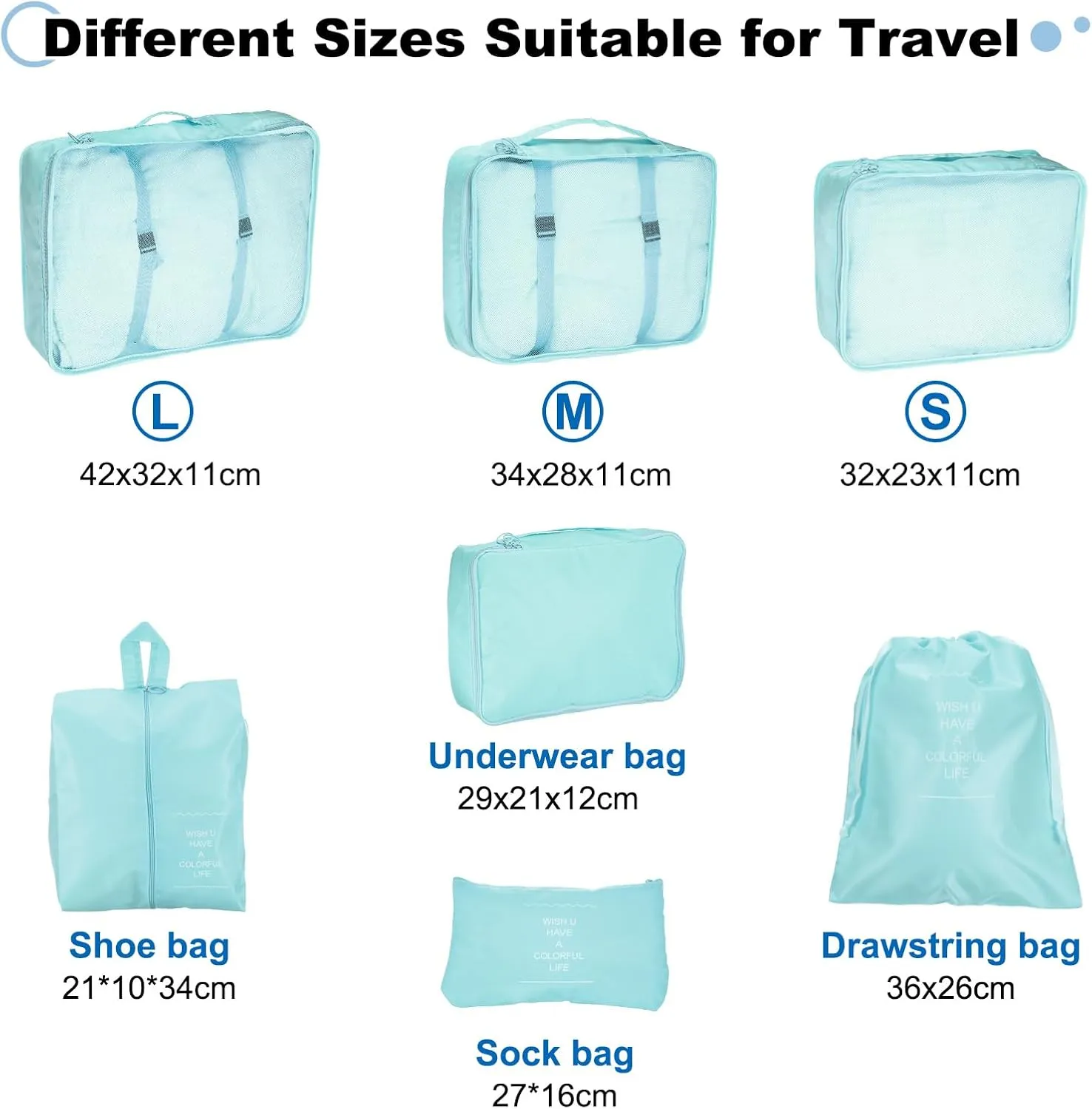 uxcell 7Set Travel Packing Cube, Travel Organizer Luggage Organizer Bags Lightweight Compression Cube Essentials for Outdoor Carry on Suitcases, Sky Blue