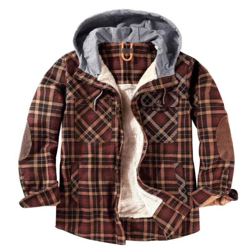 West Louis Winter Casual Plaid Hooded Velvet Jacket