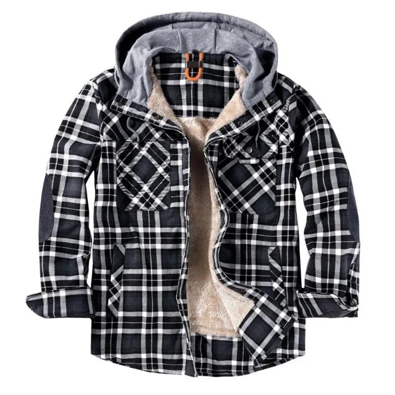 West Louis Winter Casual Plaid Hooded Velvet Jacket