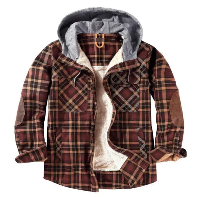 West Louis Winter Casual Plaid Hooded Velvet Jacket