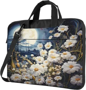 White Moon Flower Laptop Shoulder Bag for Women, Watercolor Floral Laptop Sleeve Case Durable Computer Bag