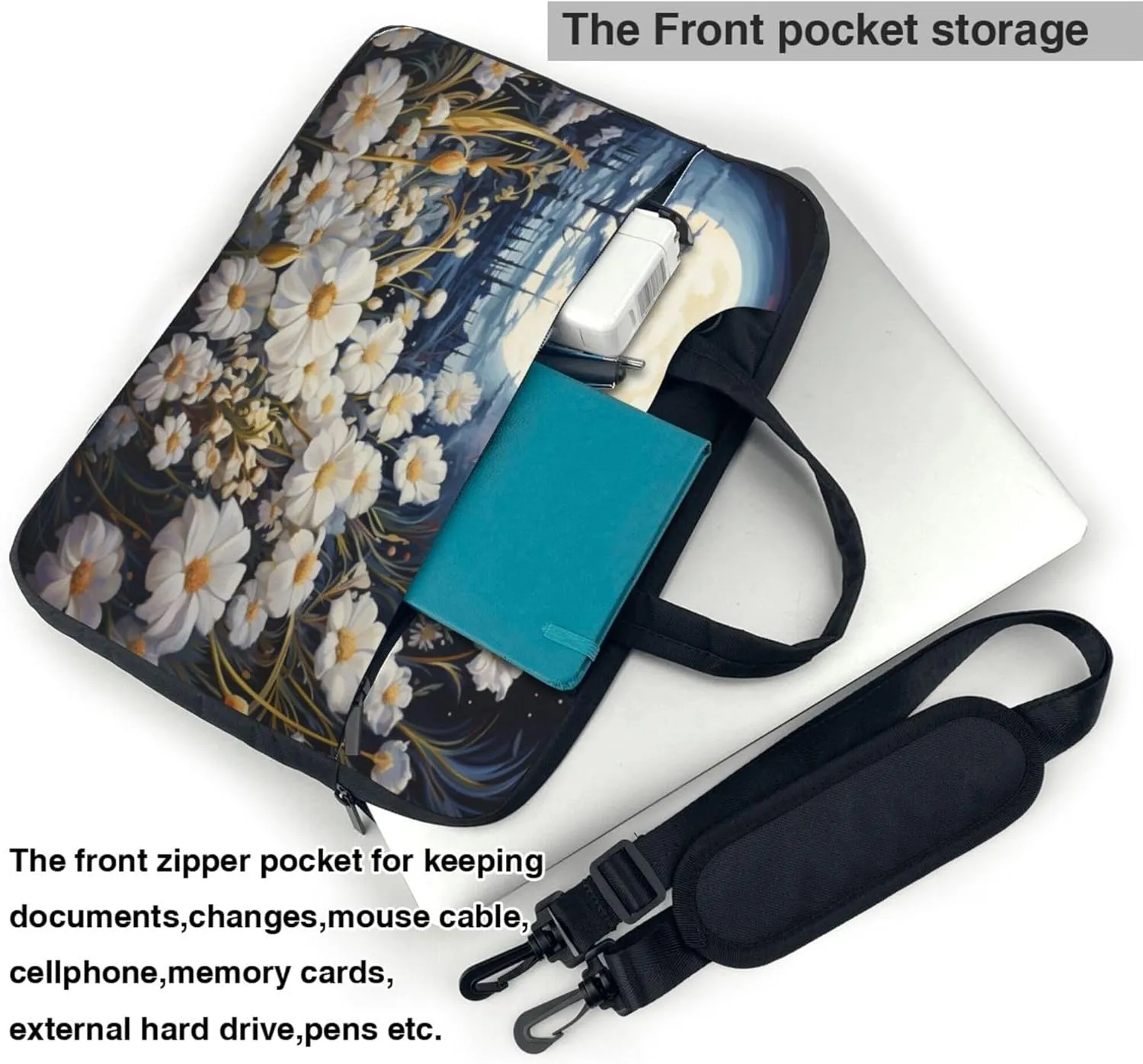 White Moon Flower Laptop Shoulder Bag for Women, Watercolor Floral Laptop Sleeve Case Durable Computer Bag