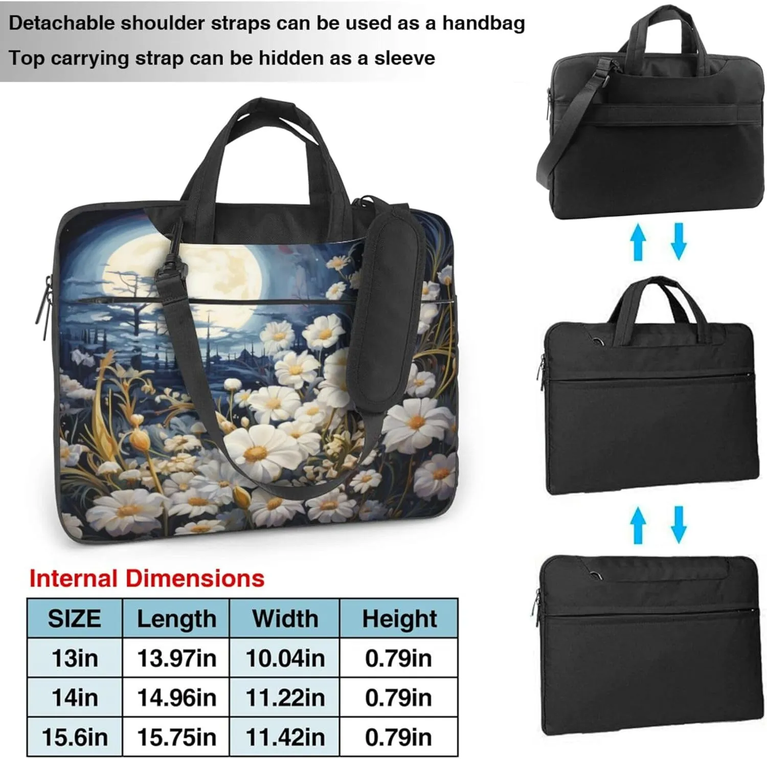 White Moon Flower Laptop Shoulder Bag for Women, Watercolor Floral Laptop Sleeve Case Durable Computer Bag