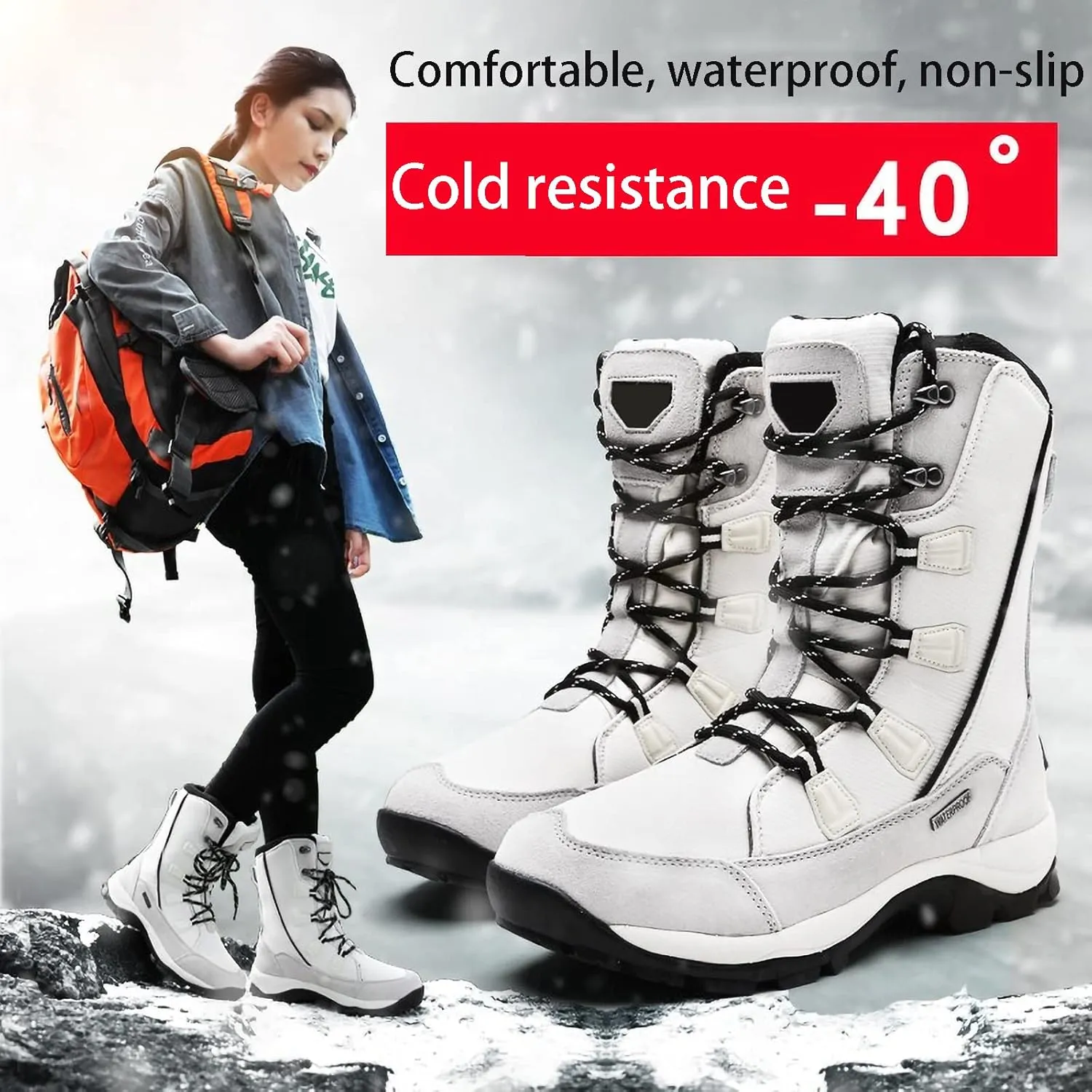 Winter Boots Mens Women Waterproof Walking Boots Warm Fur Lined Snow Shoes Men's Boots Womens for Hiking Trekking Walking Climbing, Lightweight Outdoor Lace Up Snow Shoes