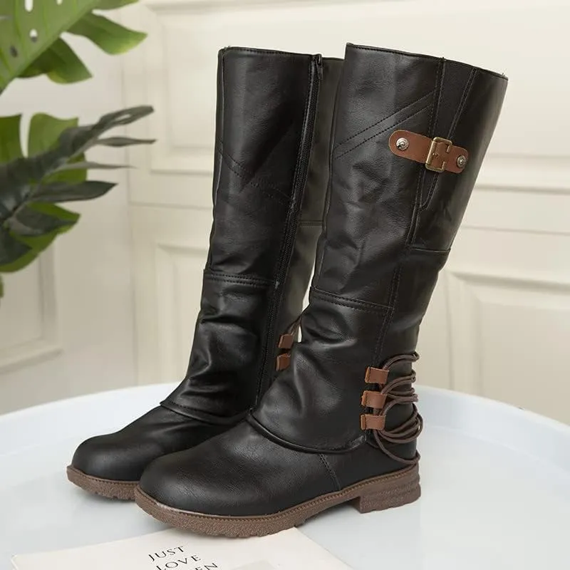 Womens Boots Fashion Buckle PU Leather Short Heel Waterproof Boots for Women Round Toe Side Zipper Mid-Calf Boots