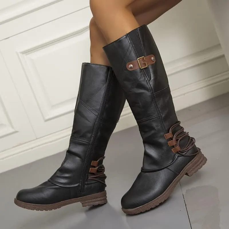 Womens Boots Fashion Buckle PU Leather Short Heel Waterproof Boots for Women Round Toe Side Zipper Mid-Calf Boots