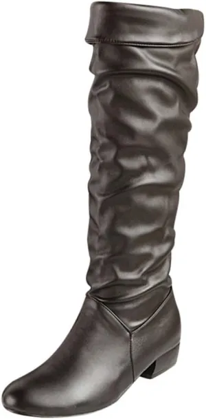 Womens Boots Fashion Side Zipper Thick Heels Retro Boots for Women Round Head Pleated PU Leather Mid-Calf Boots