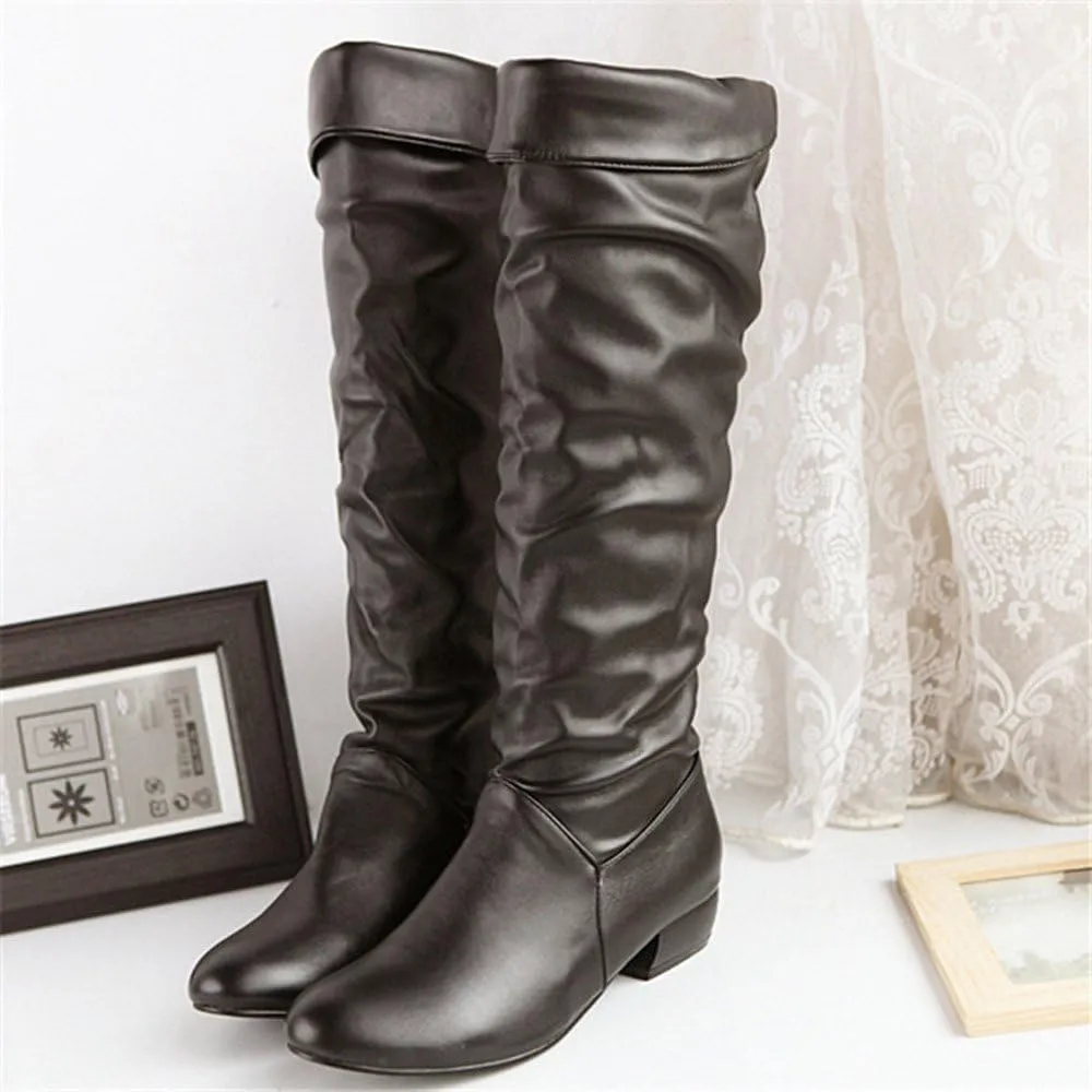 Womens Boots Fashion Side Zipper Thick Heels Retro Boots for Women Round Head Pleated PU Leather Mid-Calf Boots