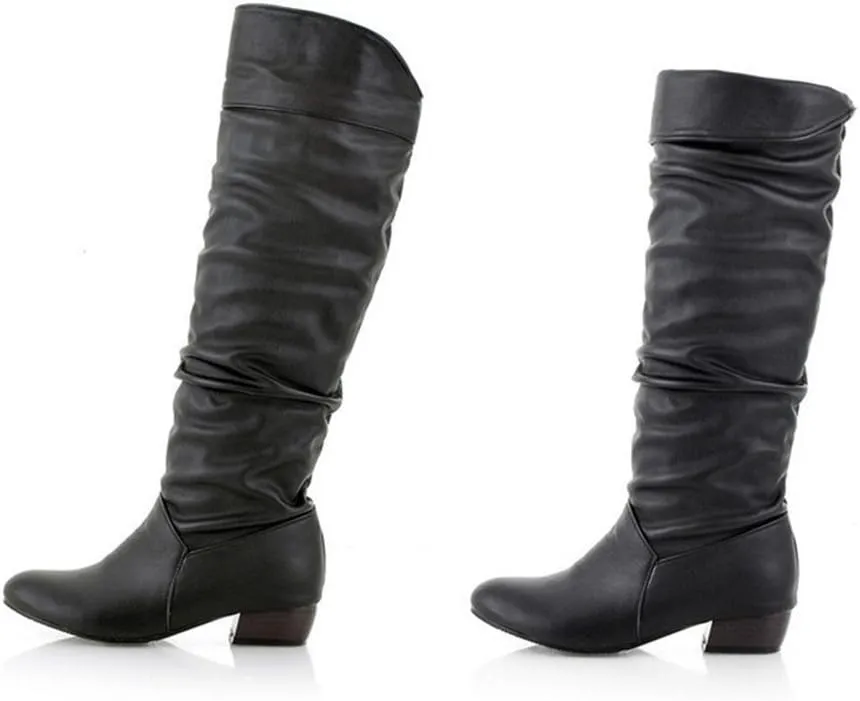 Womens Boots Fashion Side Zipper Thick Heels Retro Boots for Women Round Head Pleated PU Leather Mid-Calf Boots