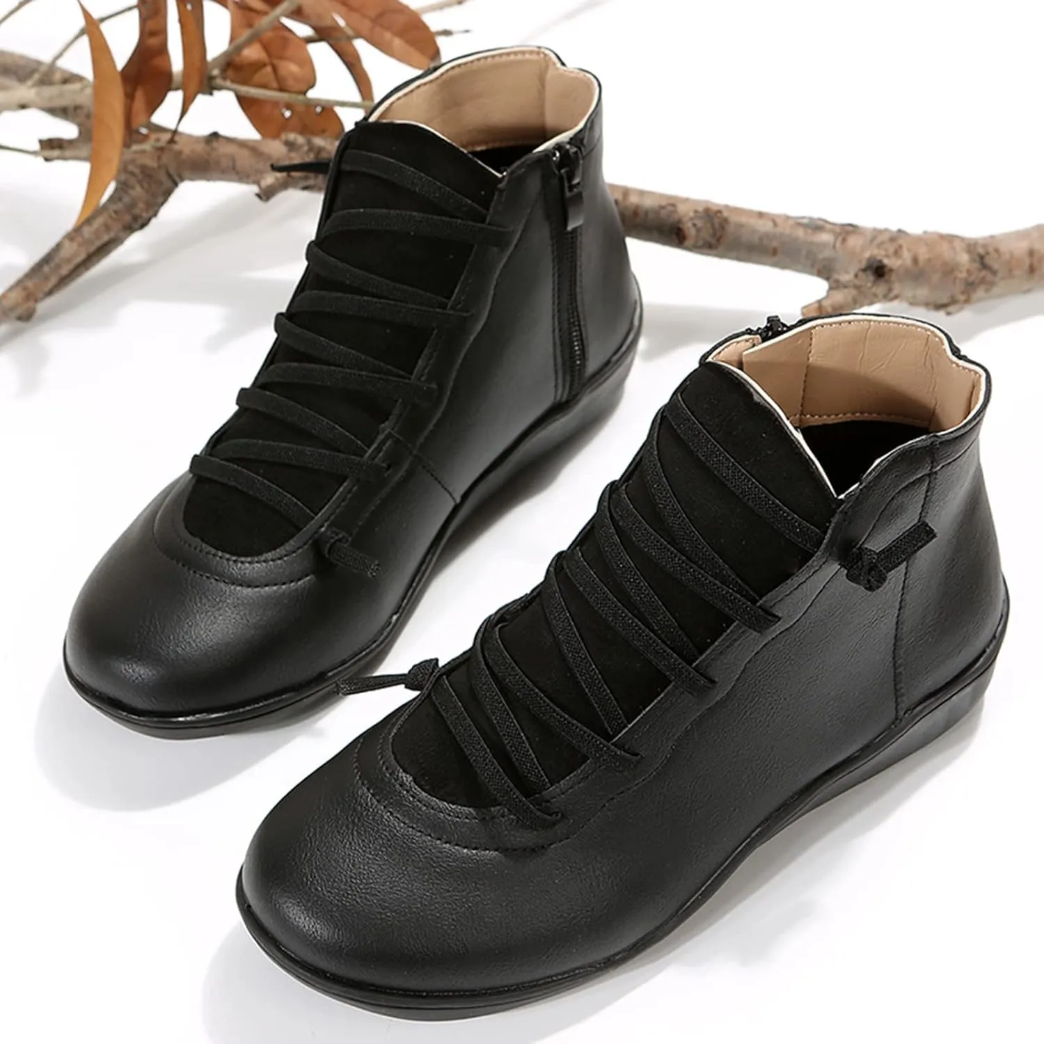 Womens Boots Retro Elegant Leather Flat Sole Boots for Women Exquisite Solid Color Soft Comfortable Ankle Boots