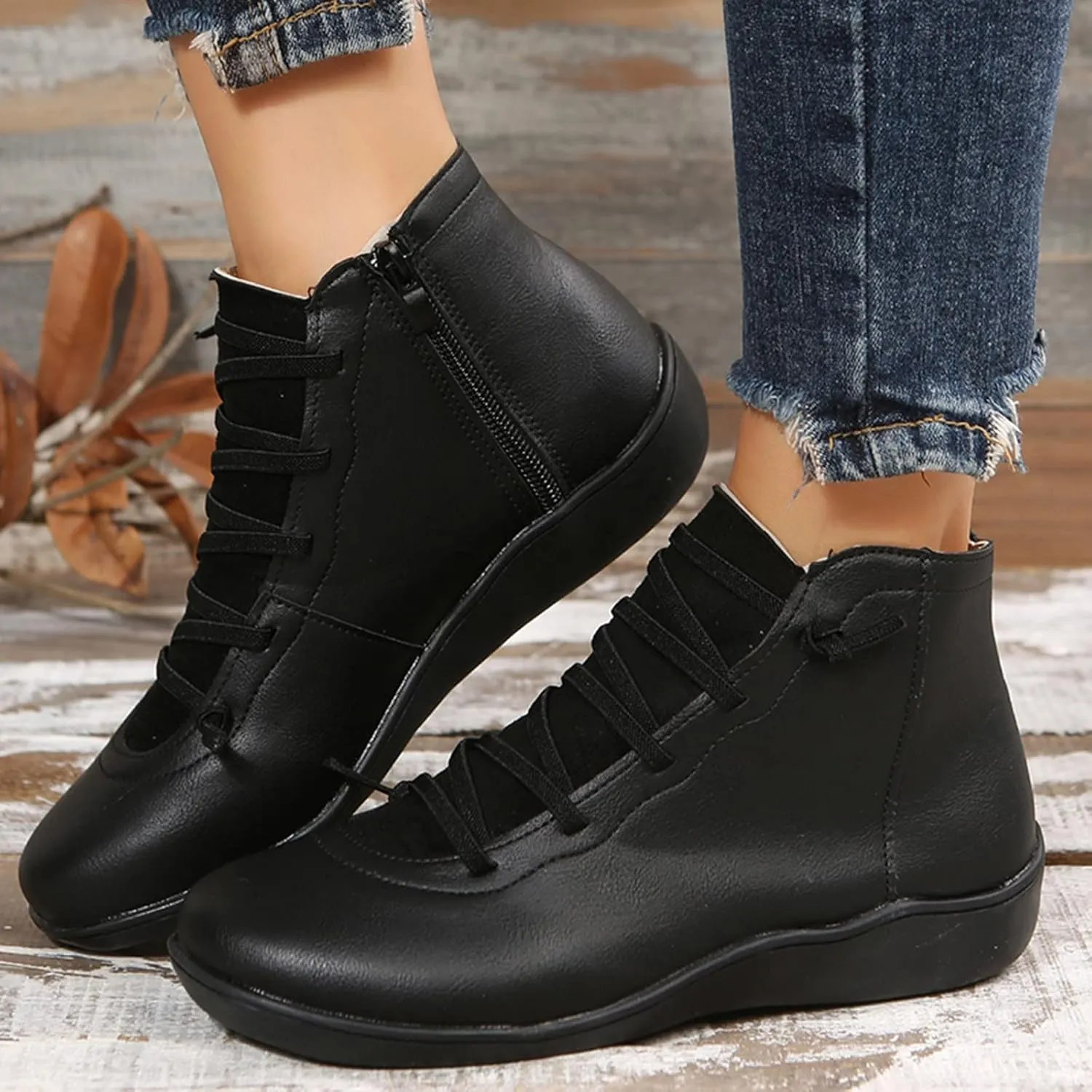 Womens Boots Retro Elegant Leather Flat Sole Boots for Women Exquisite Solid Color Soft Comfortable Ankle Boots