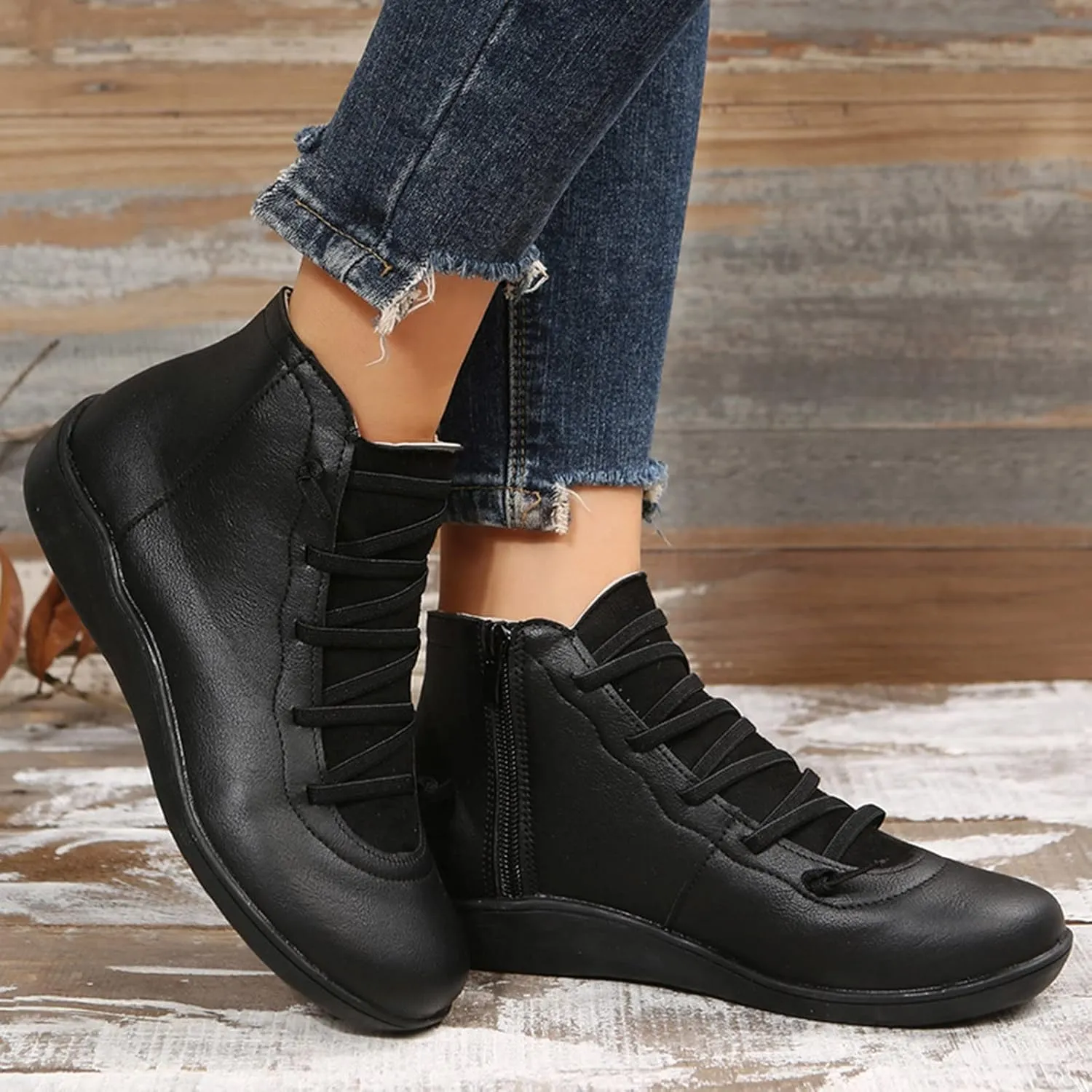 Womens Boots Retro Elegant Leather Flat Sole Boots for Women Exquisite Solid Color Soft Comfortable Ankle Boots