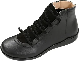 Womens Boots Retro Elegant Leather Flat Sole Boots for Women Exquisite Solid Color Soft Comfortable Ankle Boots