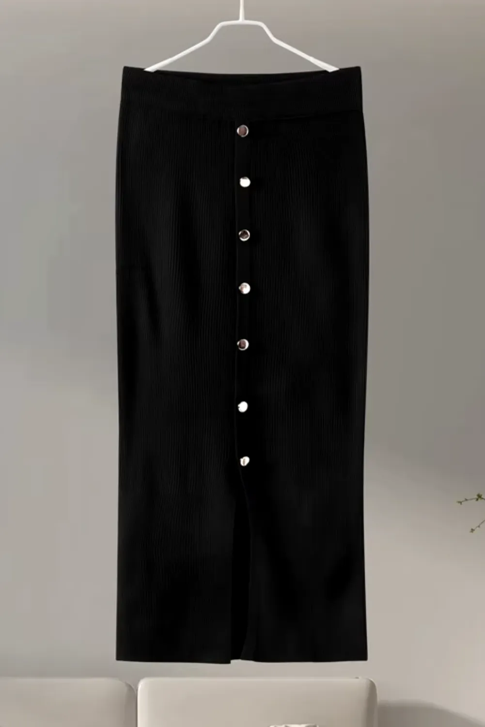 Womens Elegant Black Knitted  Buttoned Top & Skirt Two-Piece Set