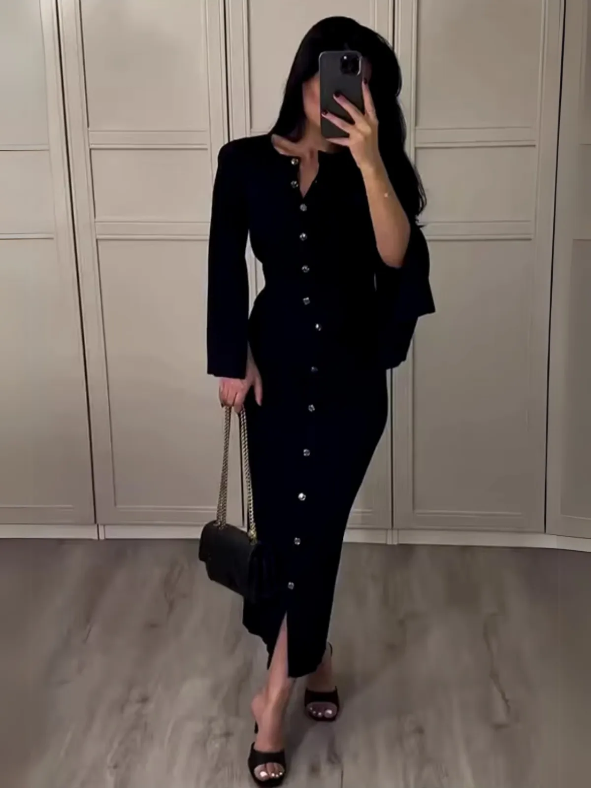 Womens Elegant Black Knitted  Buttoned Top & Skirt Two-Piece Set