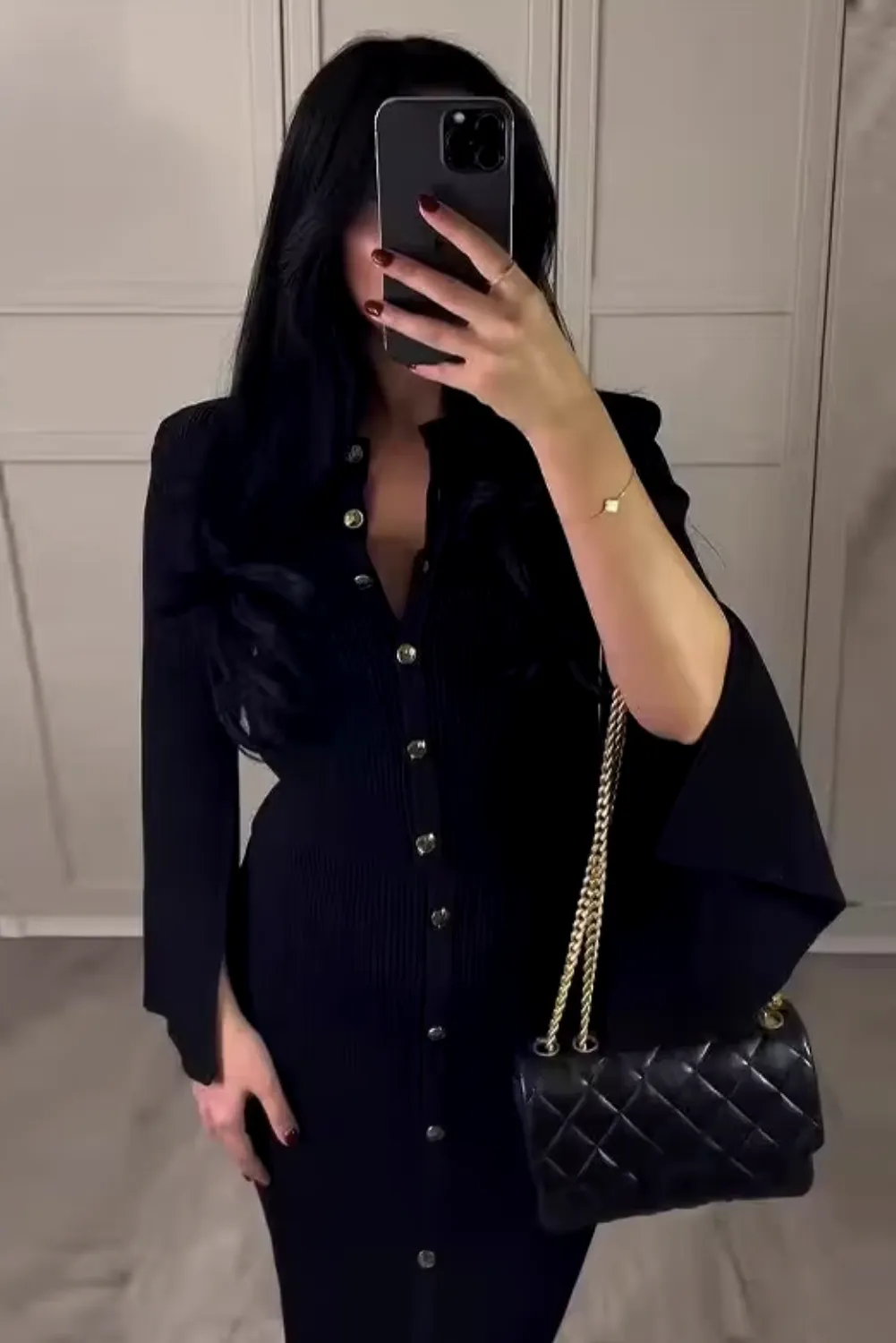 Womens Elegant Black Knitted  Buttoned Top & Skirt Two-Piece Set