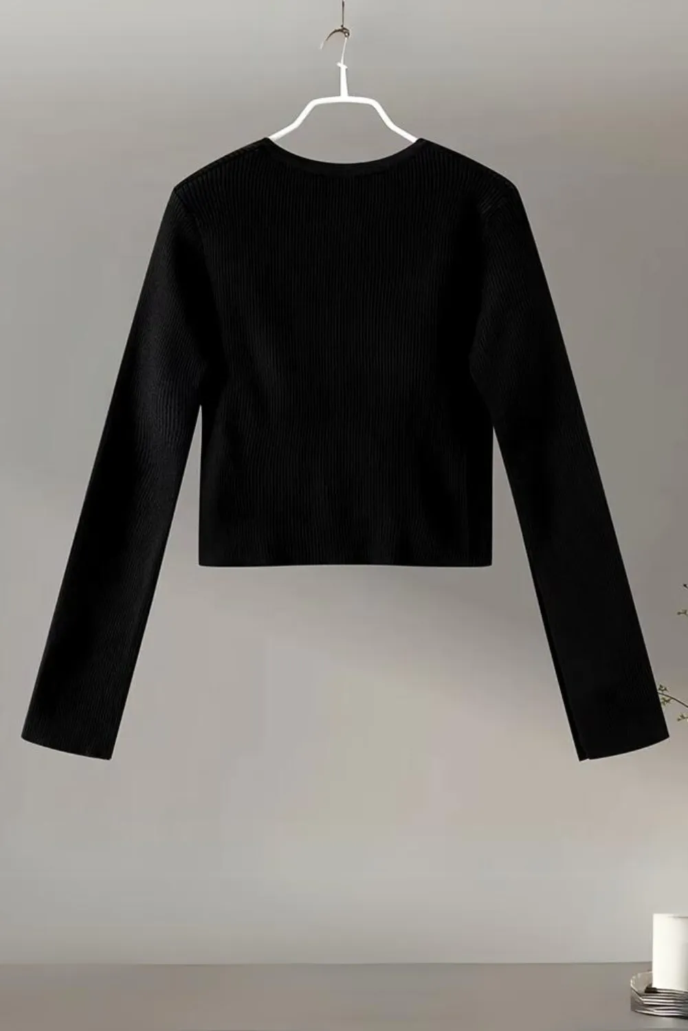 Womens Elegant Black Knitted  Buttoned Top & Skirt Two-Piece Set