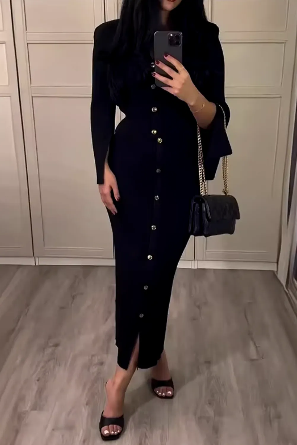 Womens Elegant Black Knitted  Buttoned Top & Skirt Two-Piece Set