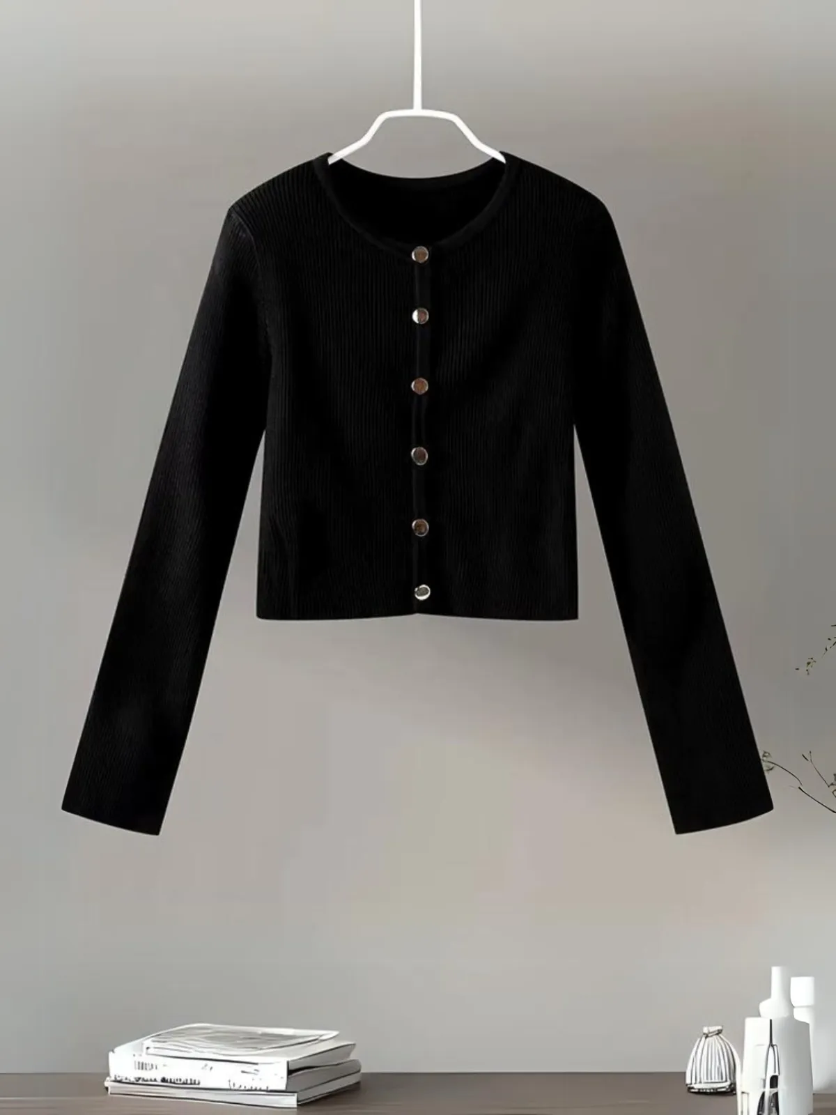 Womens Elegant Black Knitted  Buttoned Top & Skirt Two-Piece Set