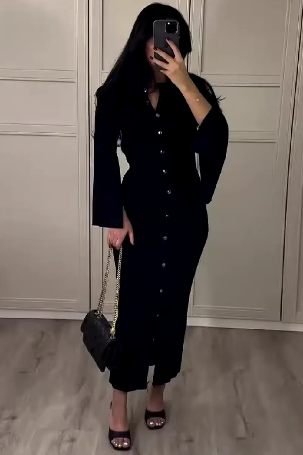 Womens Elegant Black Knitted  Buttoned Top & Skirt Two-Piece Set