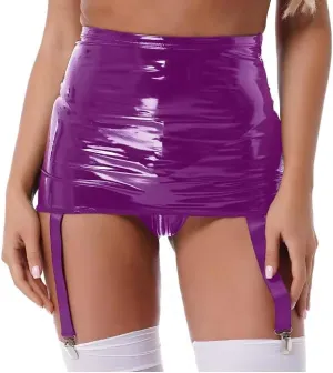 Women's Garter Straps Pencil Skirts Leather Wet Look Short Mini Skirts With Buckle Clips Clubwear,