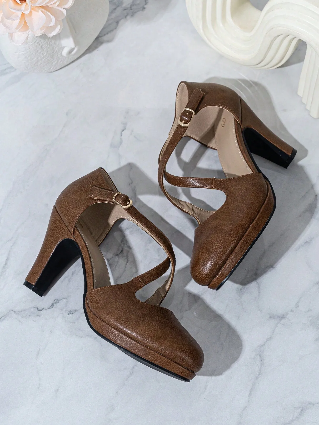 Women's High Heels With Waterproof Platform, Cutout Design And Cross Buckle Strap