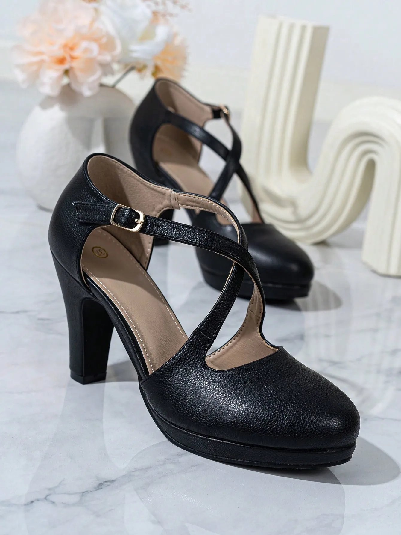 Women's High Heels With Waterproof Platform, Cutout Design And Cross Buckle Strap