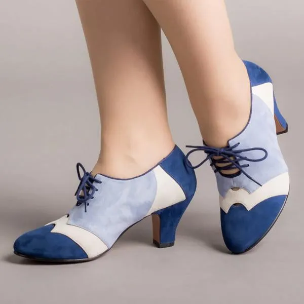 Women's Retro Color Block Lace-up Block Heels 63781502S