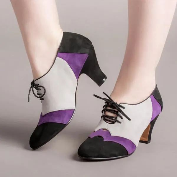 Women's Retro Color Block Lace-up Block Heels 63781502S
