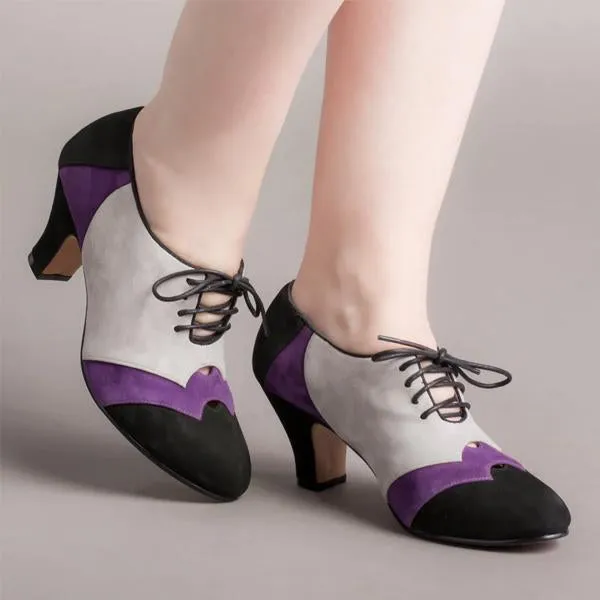 Women's Retro Color Block Lace-up Block Heels 63781502S