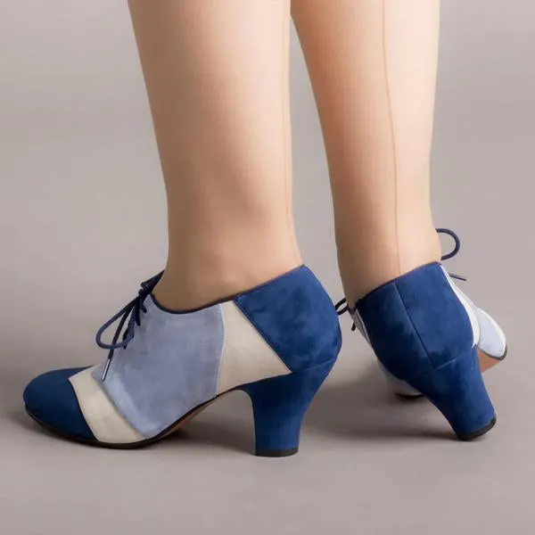 Women's Retro Color Block Lace-up Block Heels 63781502S