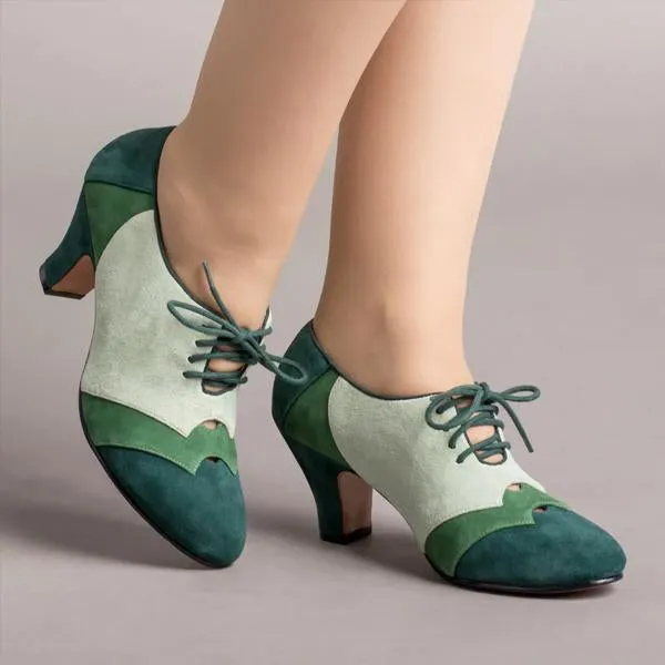 Women's Retro Color Block Lace-up Block Heels 63781502S