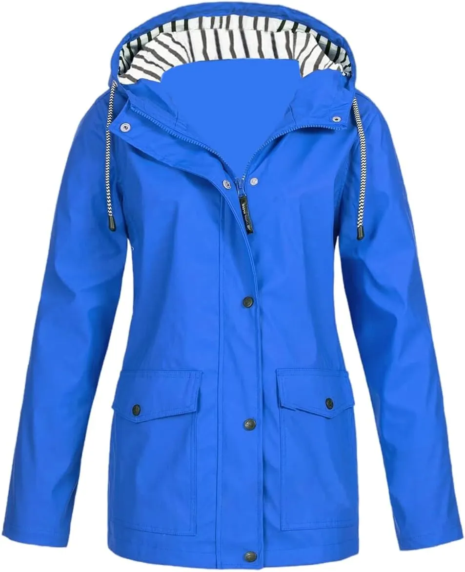 Womens Waterproof Rain Coat Lightweight Rain Jacket with Hood Outdoor Hooded Windbreaker Zip Up Trench Raincoat