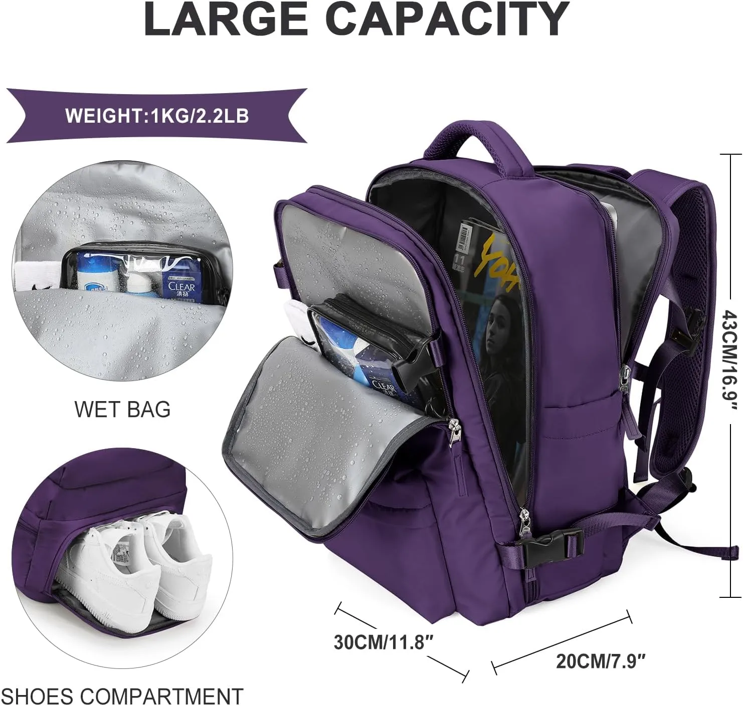 WONHOX Large Travel Backpack Carry on Flight Approved Laptop Work Business Backpack for Women Men Mochila de Viaje